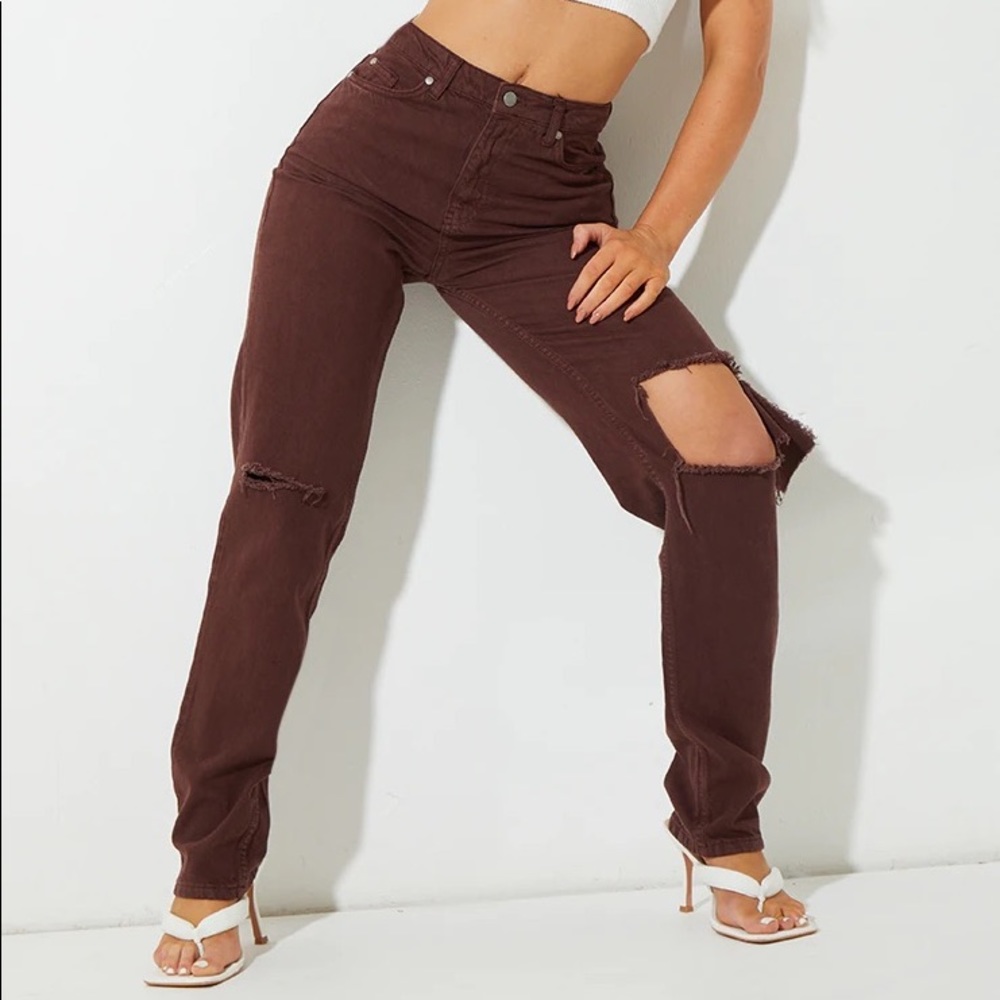 Prettylittlething Recycled Chocolate Ripped Long Leg Straight Jeans